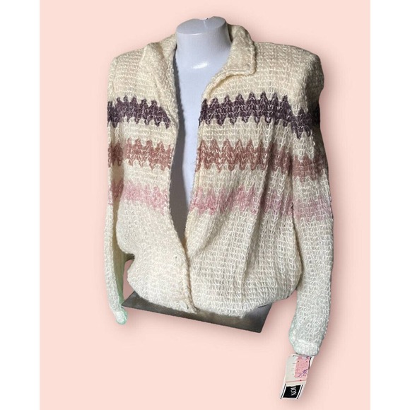Vintage 80s WOMENS Cardigan Sweater zig zag stripe Cream S 2 4 NEW NWT - Picture 3 of 11